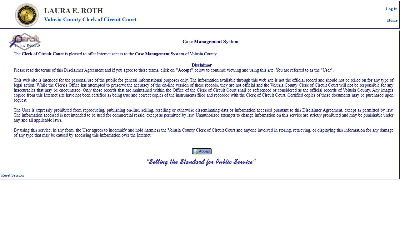 Volusia County Clerk Case Inquiry disclaimer screen before searching court records after an arrest