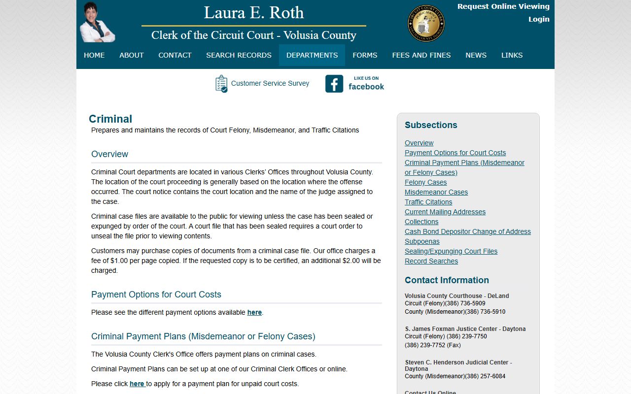 Volusia County Clerk criminal records page covering court records access and fees after an arrest