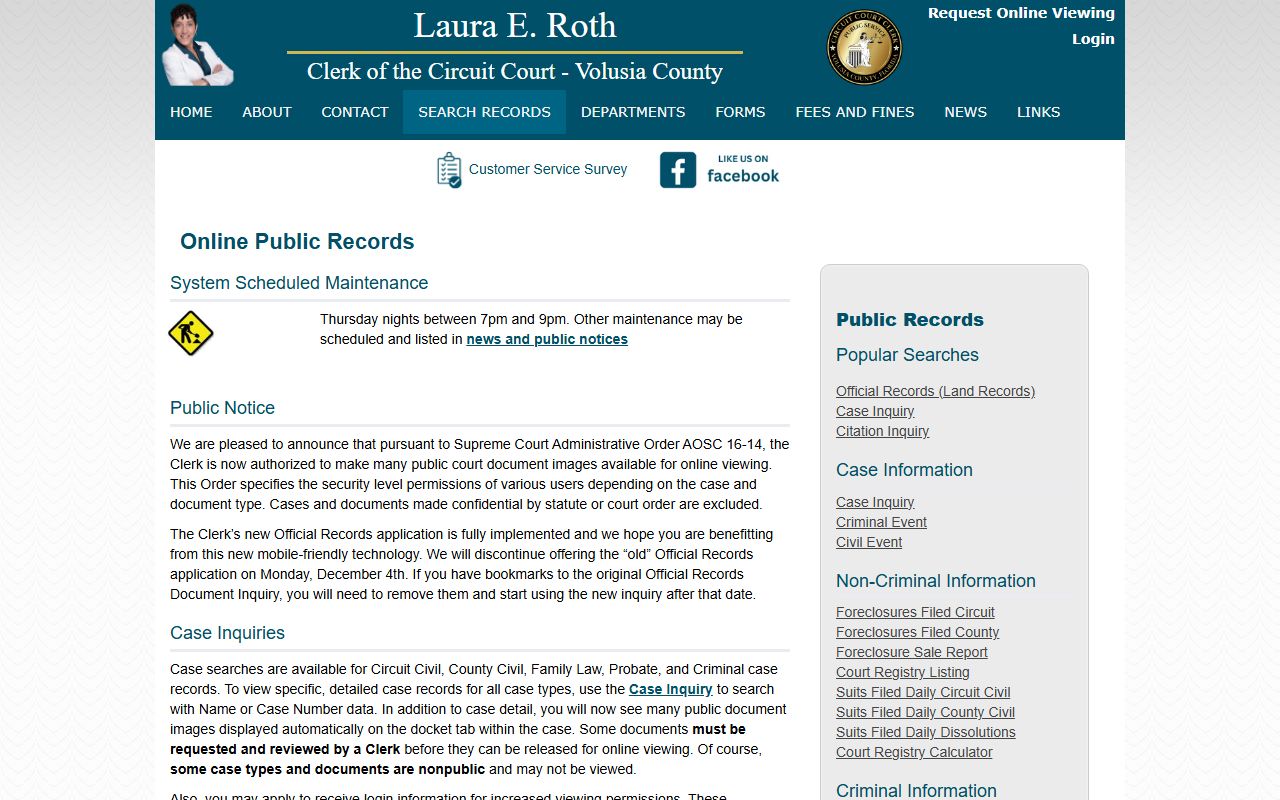 Volusia County Clerk Search Records page linking to court records and case lookup after an arrest