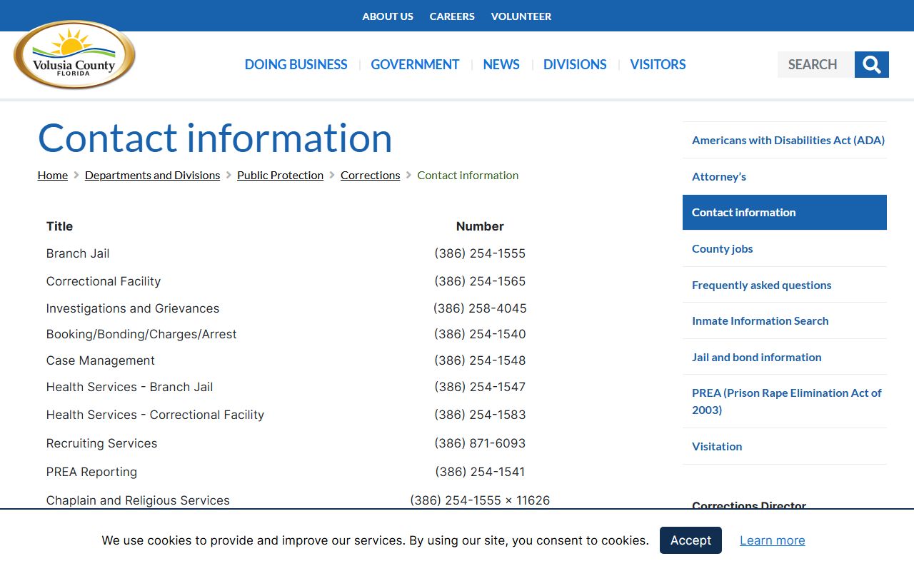 Volusia County Corrections contact information page with Branch Jail and booking phone numbers