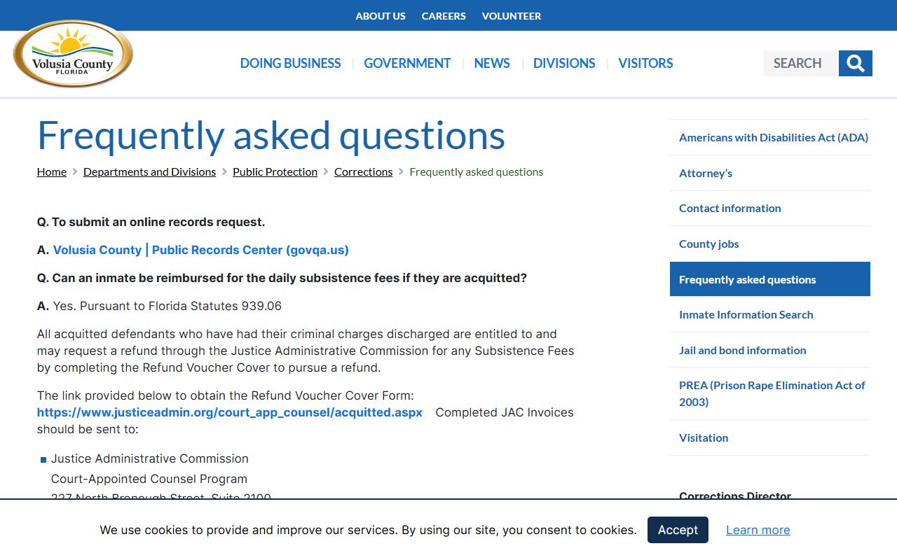 Volusia County Corrections FAQ page covering jail inmate population questions