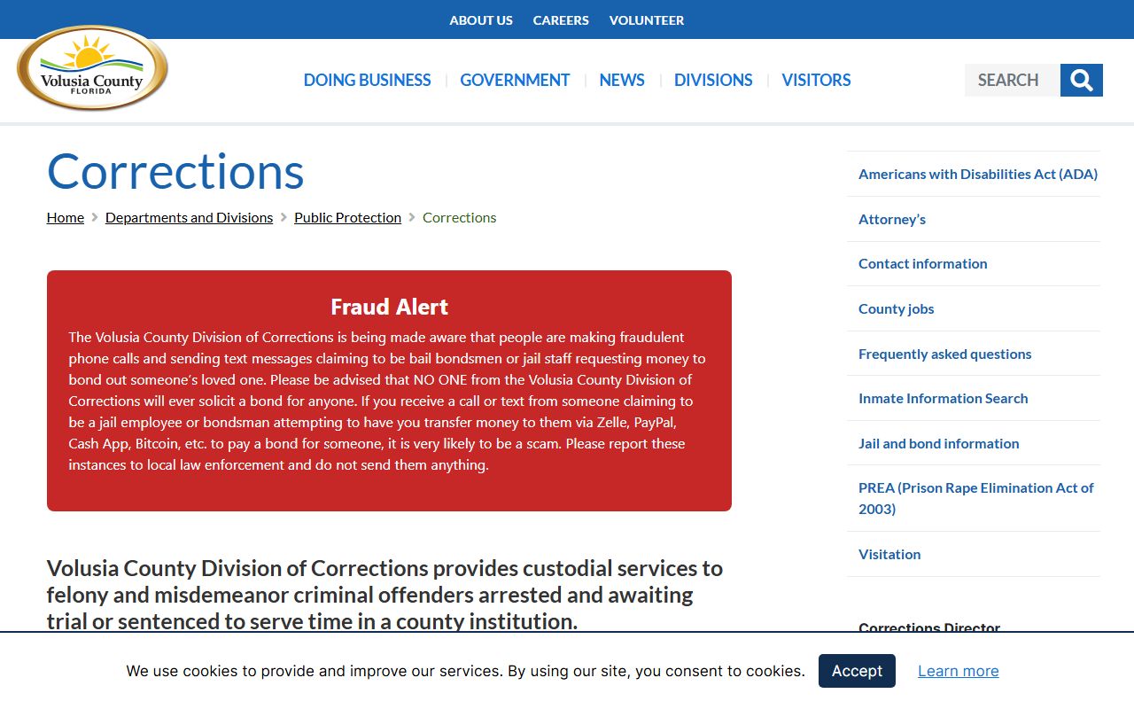 Volusia County Corrections hub showing inmate population and jail records links