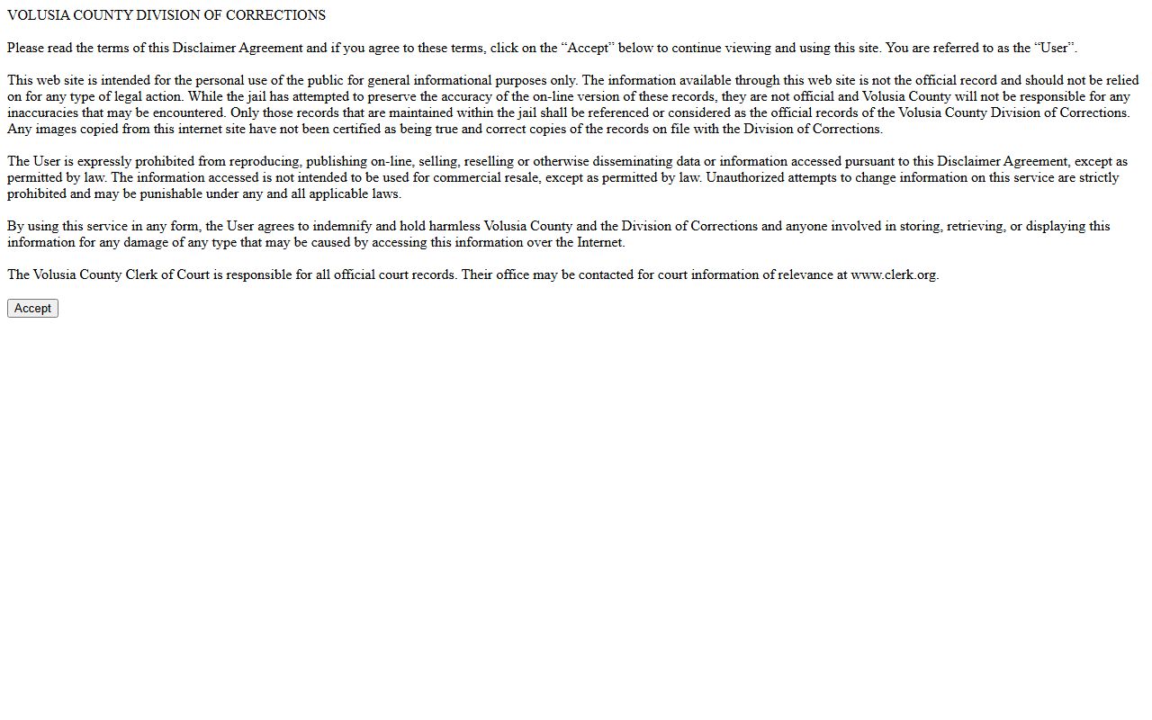 Volusia County inmate records search disclaimer screen on the jail roster portal