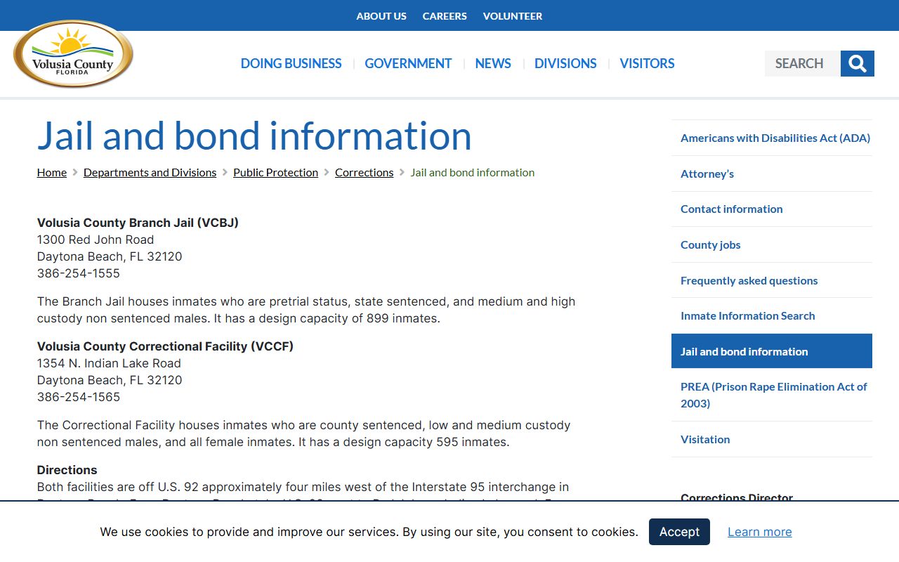 Volusia County Branch Jail and bond information page with jail addresses and booking details
