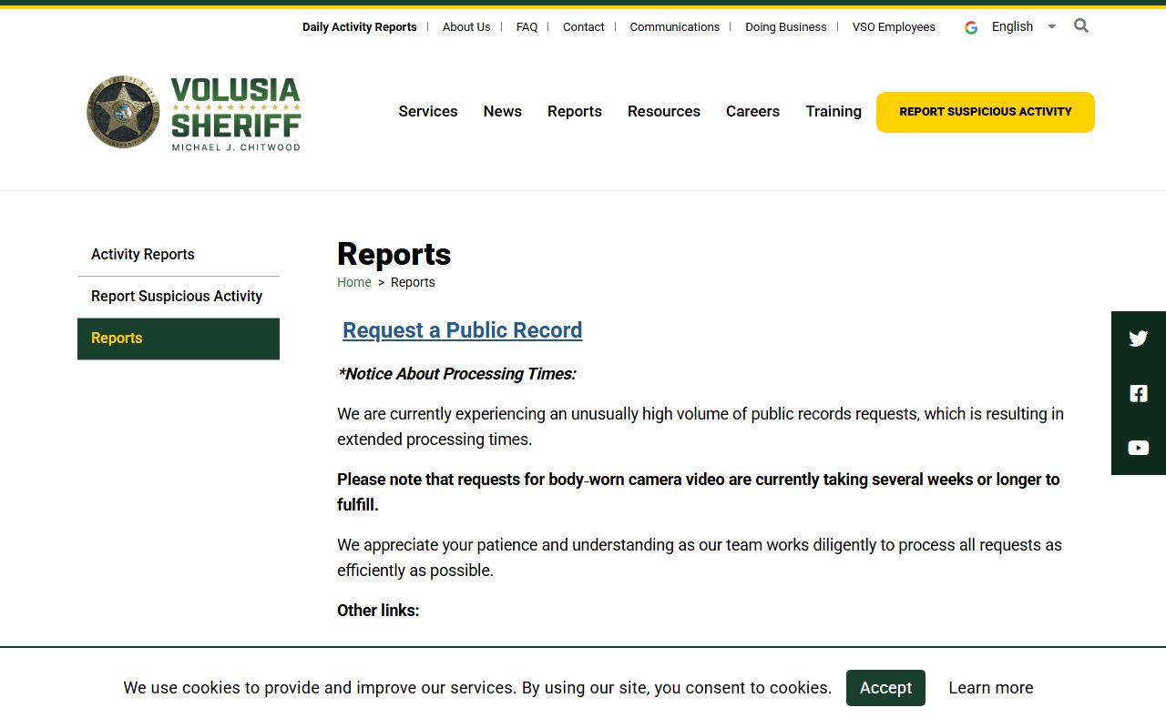 Volusia County Sheriff Records page for requesting booking and arrest records and sealing a mugshot
