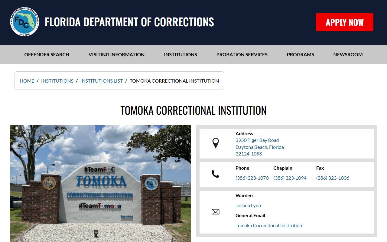 FDC page for Tomoka Correctional Institution in Volusia County showing inmate population and facility details